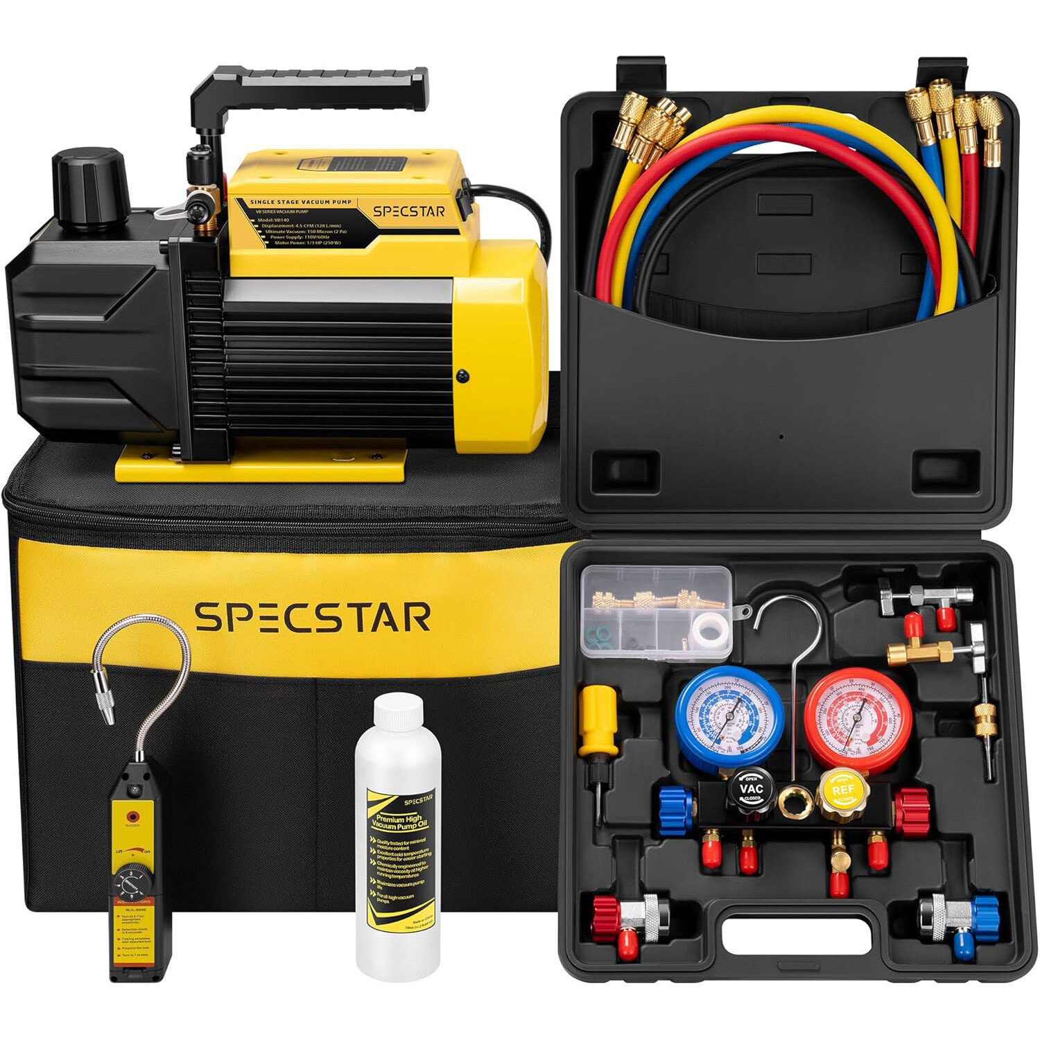 1/3HP 4.5CFM Air Vacuum Pump & 4 Way Manifold Gauge Set HVAC AC Refrigerant Kit