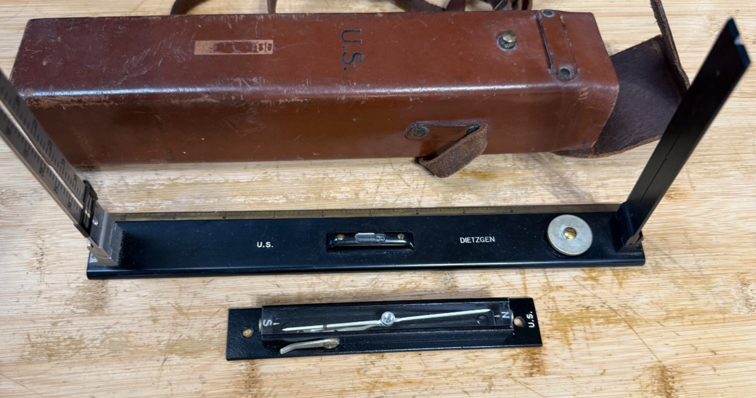 Vintage DIETZGEN US GEOLOGICAL Survey Plane Table Alidade + Compass Leather Case