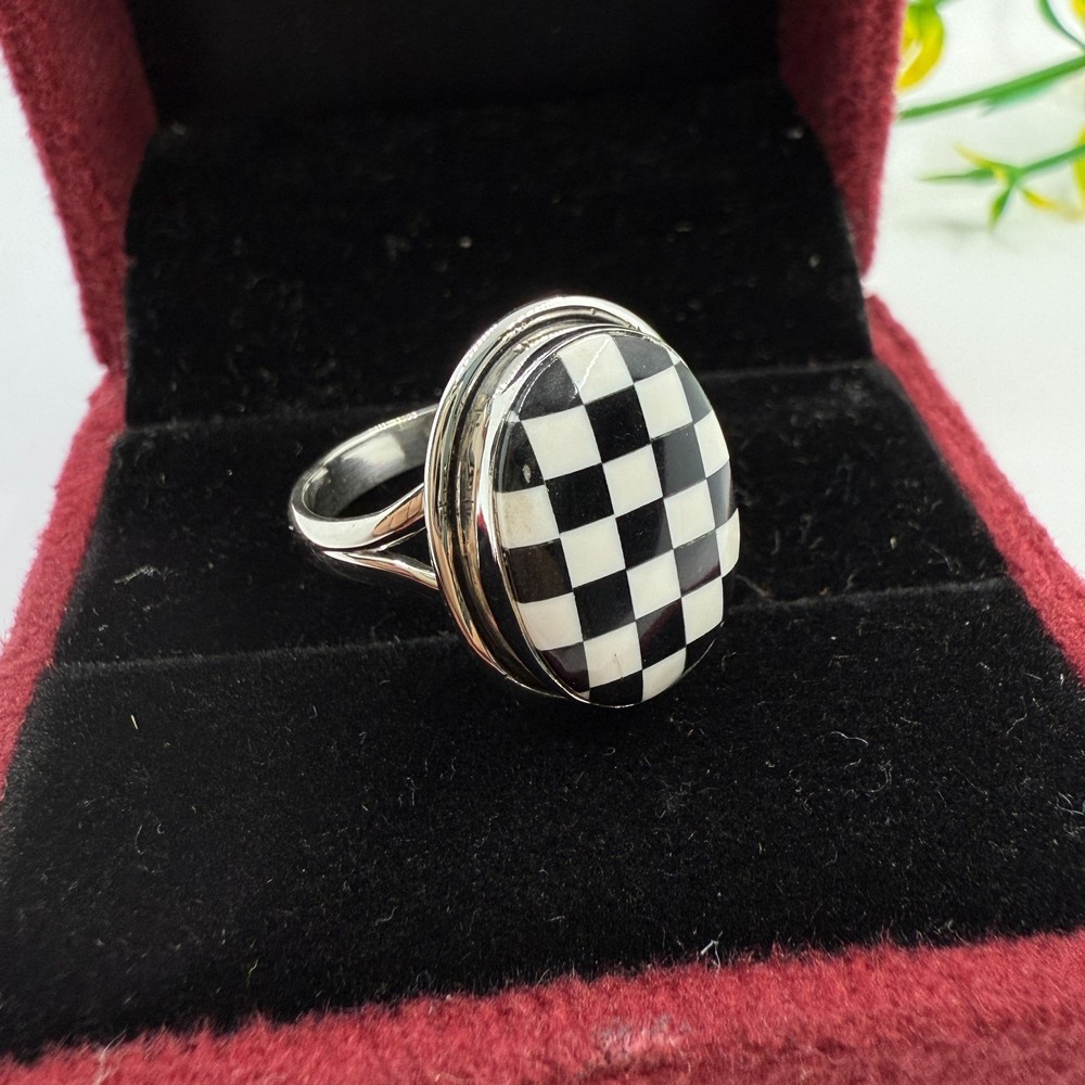 Black Onyx Checkered Silver Ring Opal Checker 925 Sterling Silver Ring