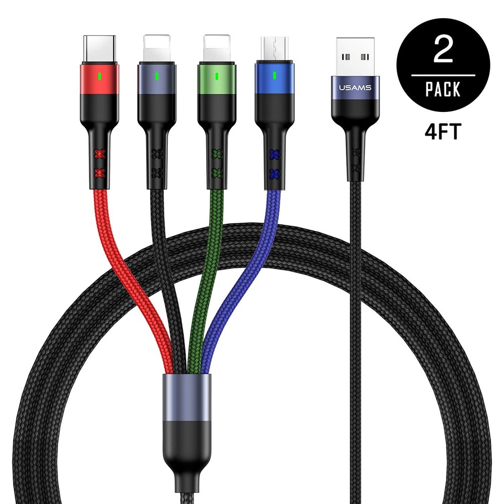 USAMS Multi Charging Cable 2Pack 4FT 4 in 1 Nylon Braided 4ft, Multicolored