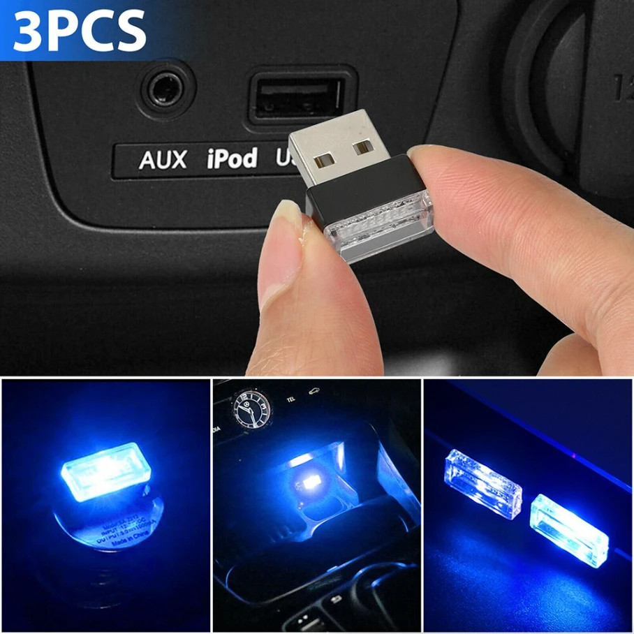 Mini Blue LED USB Car Interior Light Neon Atmosphere Lamp Multi-Purpose 3-Pcs