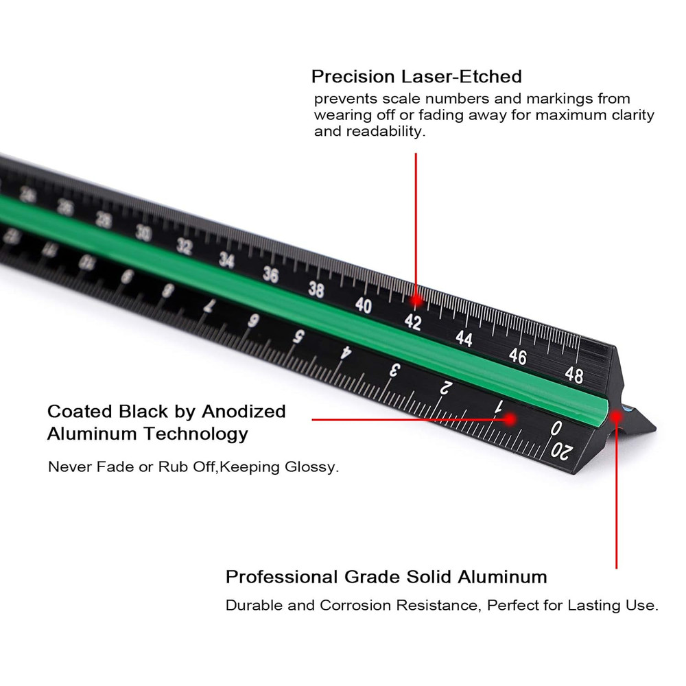 3 Pack 12 Inch Solid Aluminum Triangular Architect Scale Ruler Set, 3-Colors-Gro