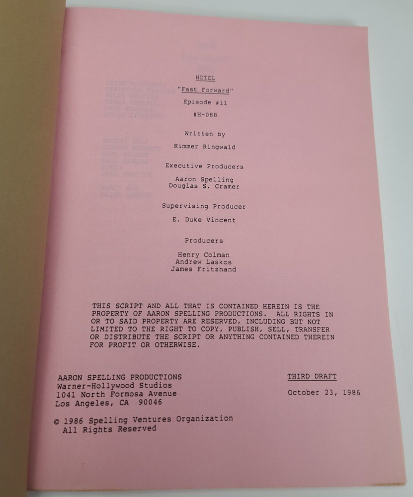 HOTEL / Kimmer Ringwald 1986 TV Series Script, Claudia Lonow "Fast Forward"