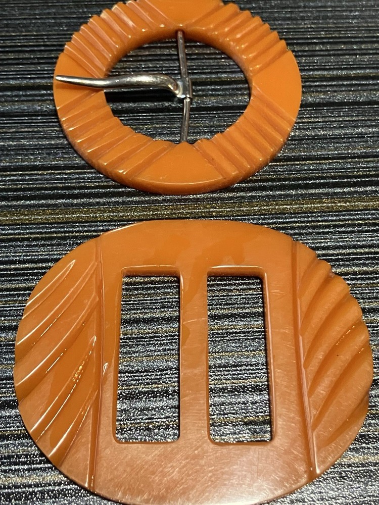 art deco bakelite butterscotch carved buckles