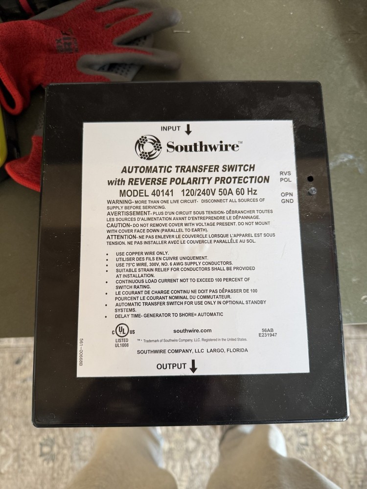Southwire 40141 50A Reverse Polarity Transfer Switch - Model 40141