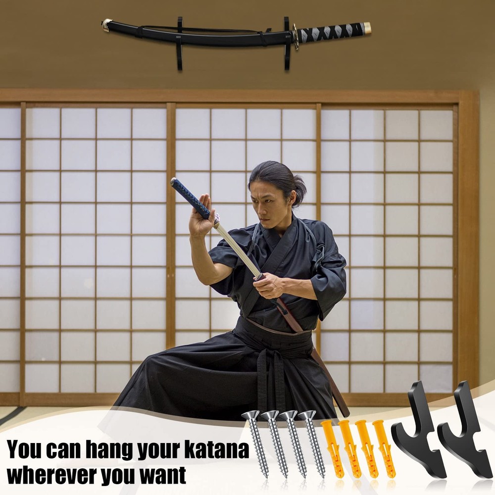 Yookeer 2 Pieces Sword Wall Mount Katana Holder Samurai Display Black