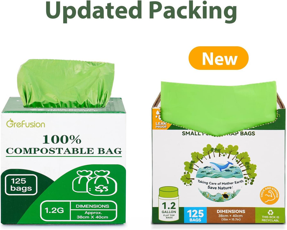 Grefusion Compostable Bags for Kitchen Compost Bin, 1.2 Gallon, 125 Count, Certi