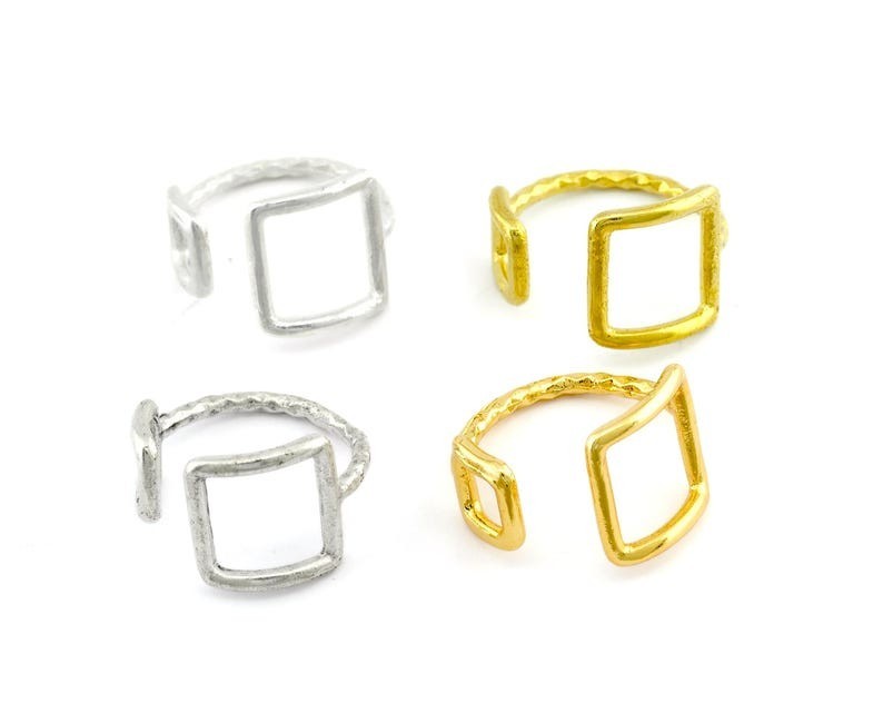 2 pcs Hammered Square Frames Adjustable Ring Raw Brass,Shiny-Antique silver 4351
