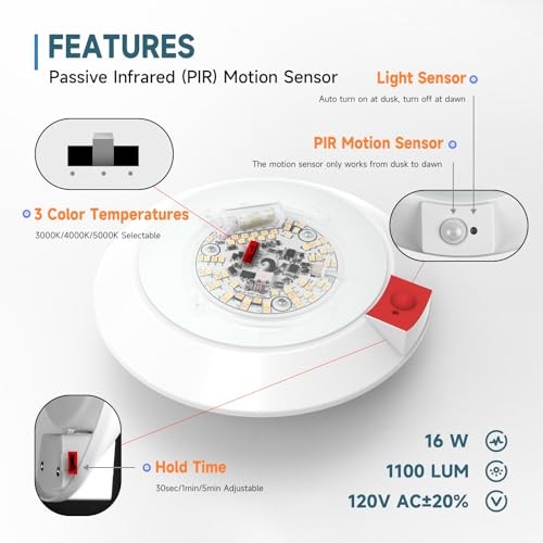 PIR Motion Sensor Ceiling Light, 3CCT Selectable Occupancy Light with Time 2