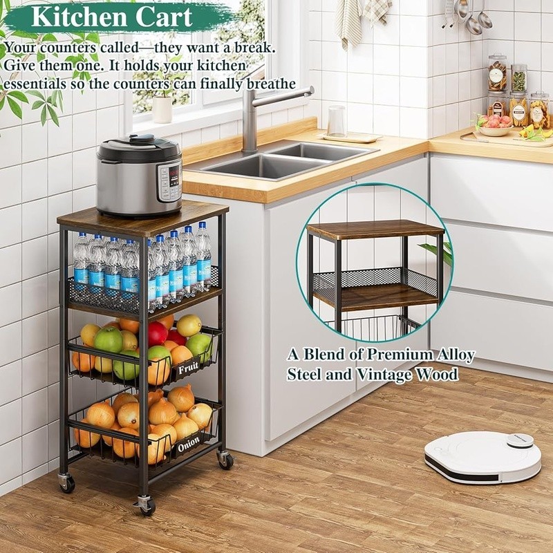 Rolling Kitchen Cart W/ Pull-Out Baskets Snack Organizer Fruit Storage