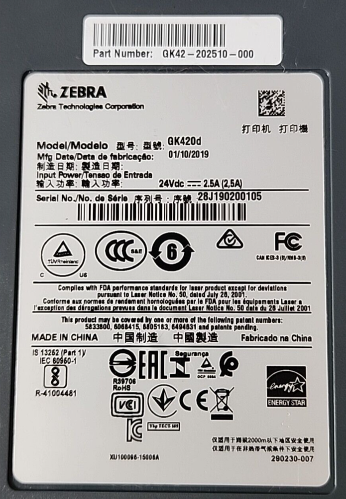 Zebra GK420d Direct Thermal Label Printer USB & Power Adapter