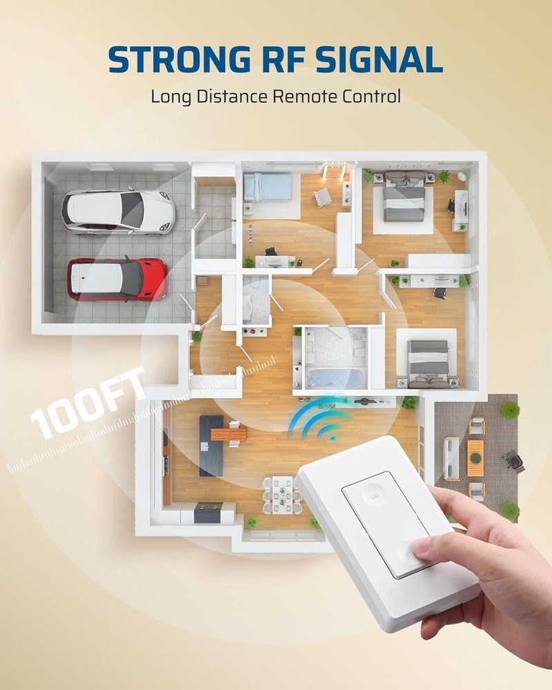 Wireless Light Switch Kit - 10A, Remote Control for Ceiling Lights, 100 Ft RF Ra