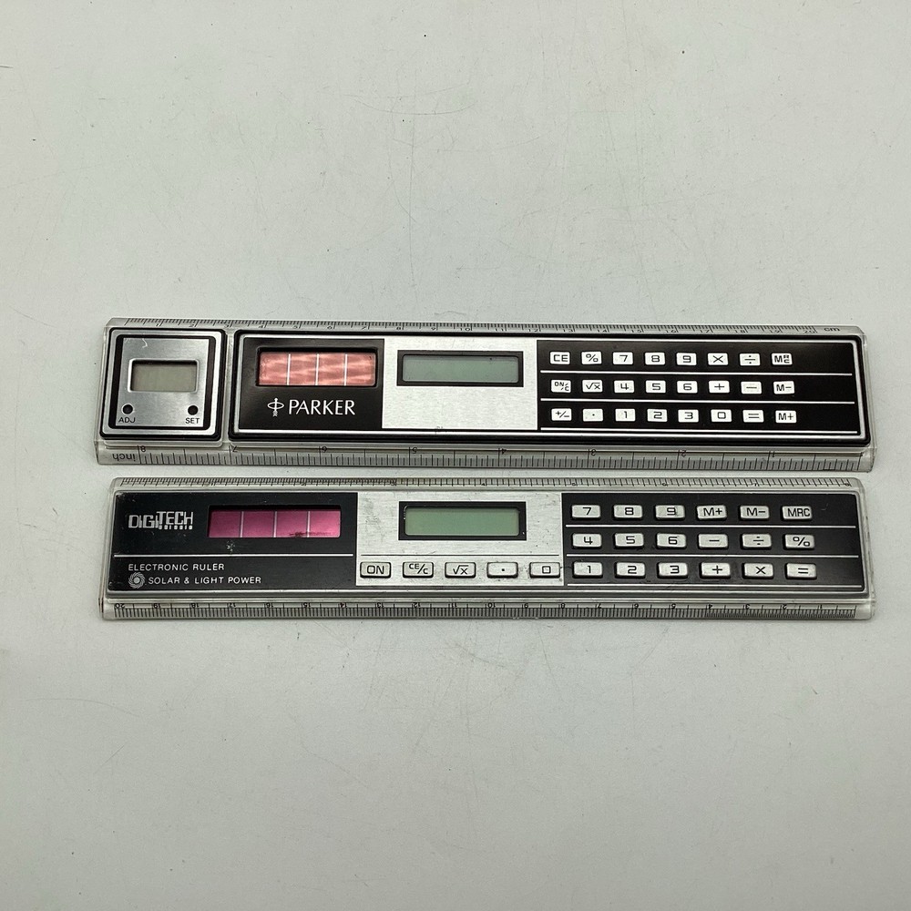 Two Vintage Solar Powered Calculators 8” Rulers Parker & Digitech E644 Untested