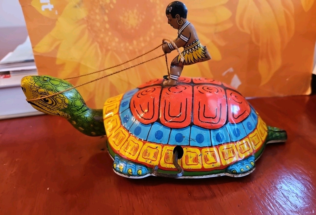 Vintage Antique Tin Toy Wind Up Chein Person Rides Giant Turtle Tortoise Display