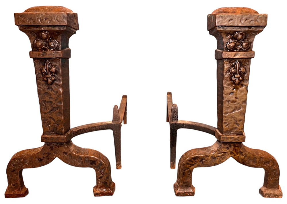 Antique Peerless Cast Iron Hammered Fireplace Andirons Fleur-de-lis 17”