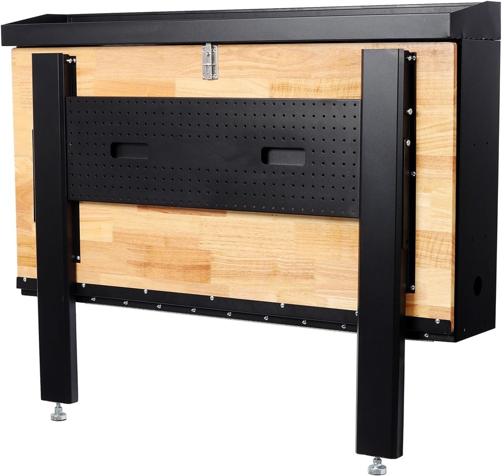 Wall Mounted Workbench Foldable Rubberwood Work Surface, Pegboard Tool Storage