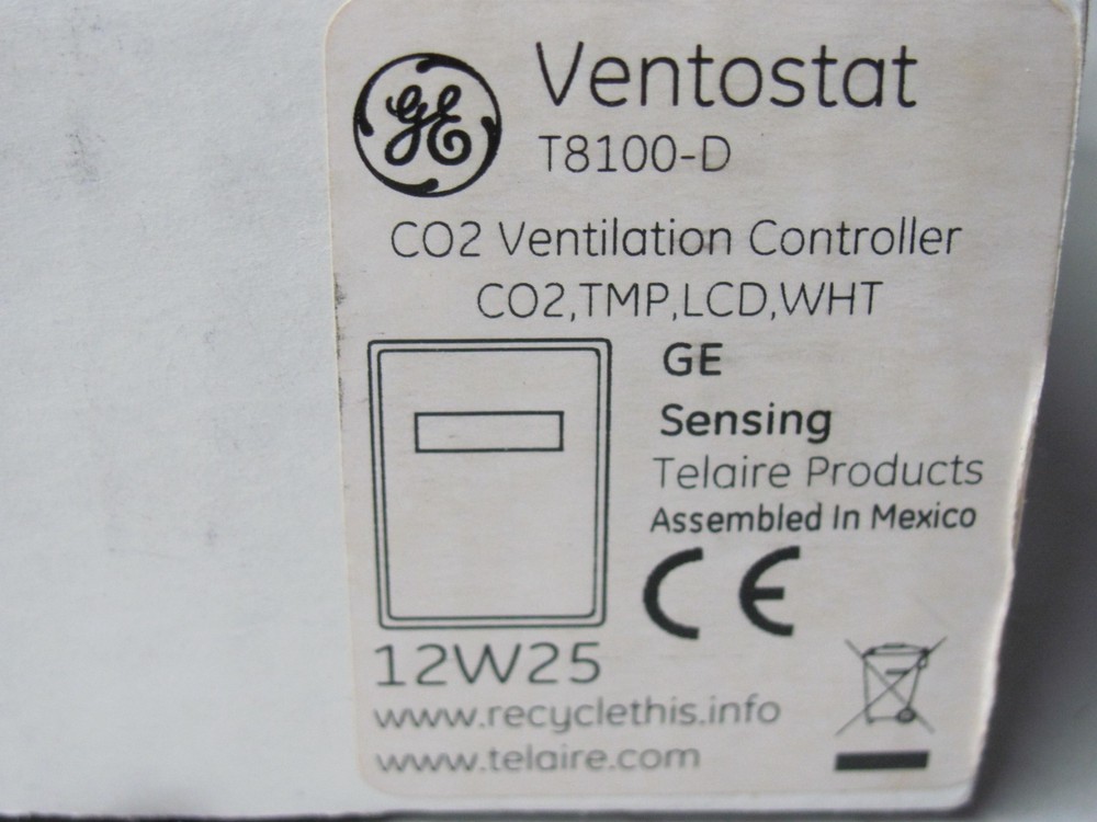 GE Sensing T8100-D Ventostat CO2 Ventilation Controller TMP, LCD, WHT