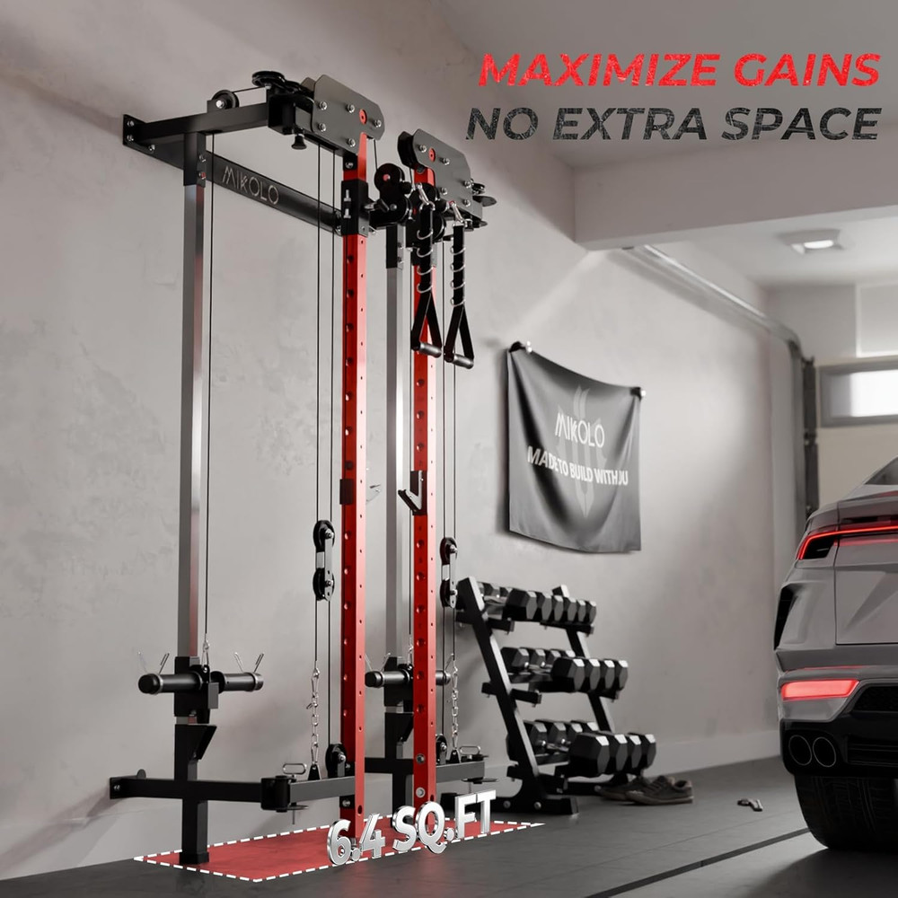 Mikolo Folding Squat Rack, Wall Mounted Power Rack with Cable Crossover Machine