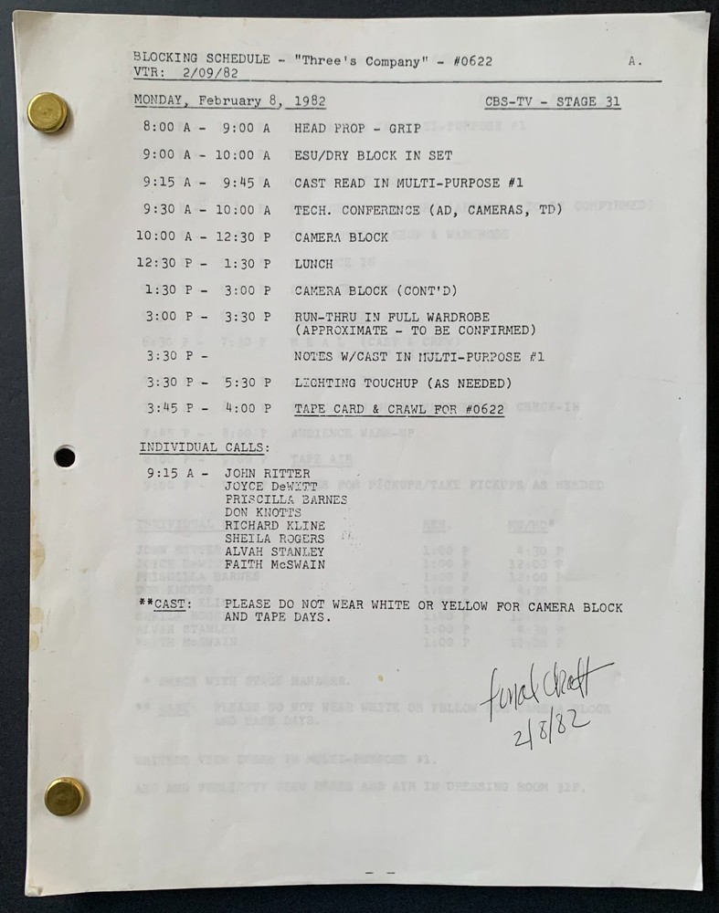 Sitcom Three's Company Final Draft Script 1982 Episode Paradise Lost Comedy