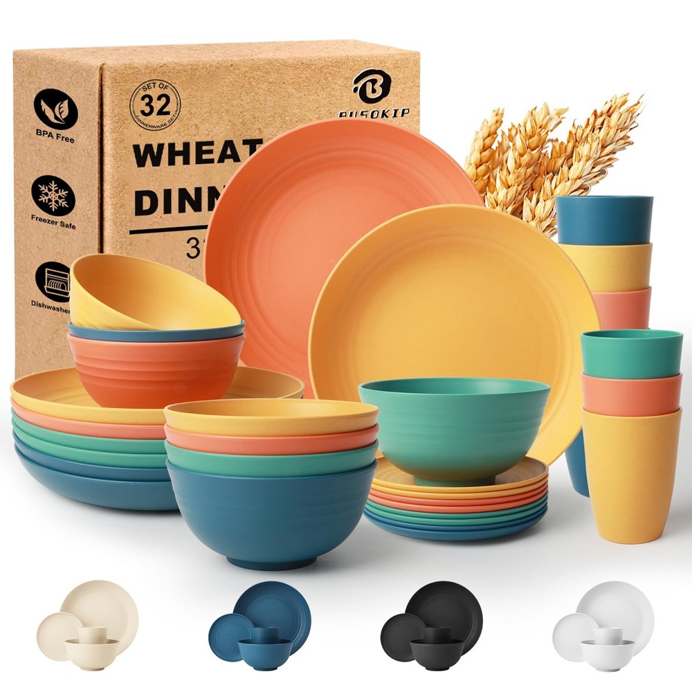 BUSOKIP Wheat Straw Dinnerware Sets for 8, Unbreakable 32PCS, Multicolor