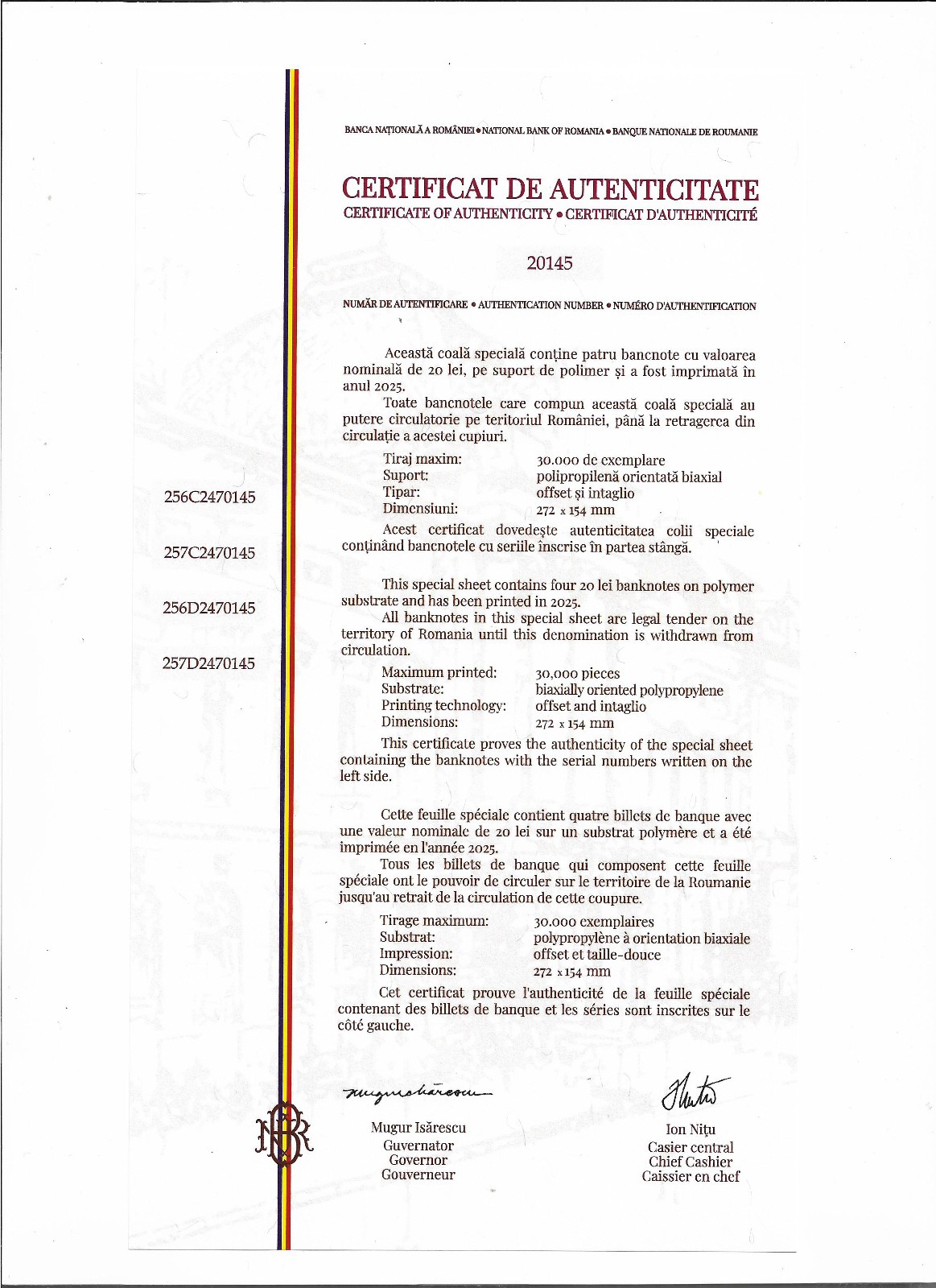 BNR - Special Sheet consisting of Four Banknotes with face value of 20 LEI