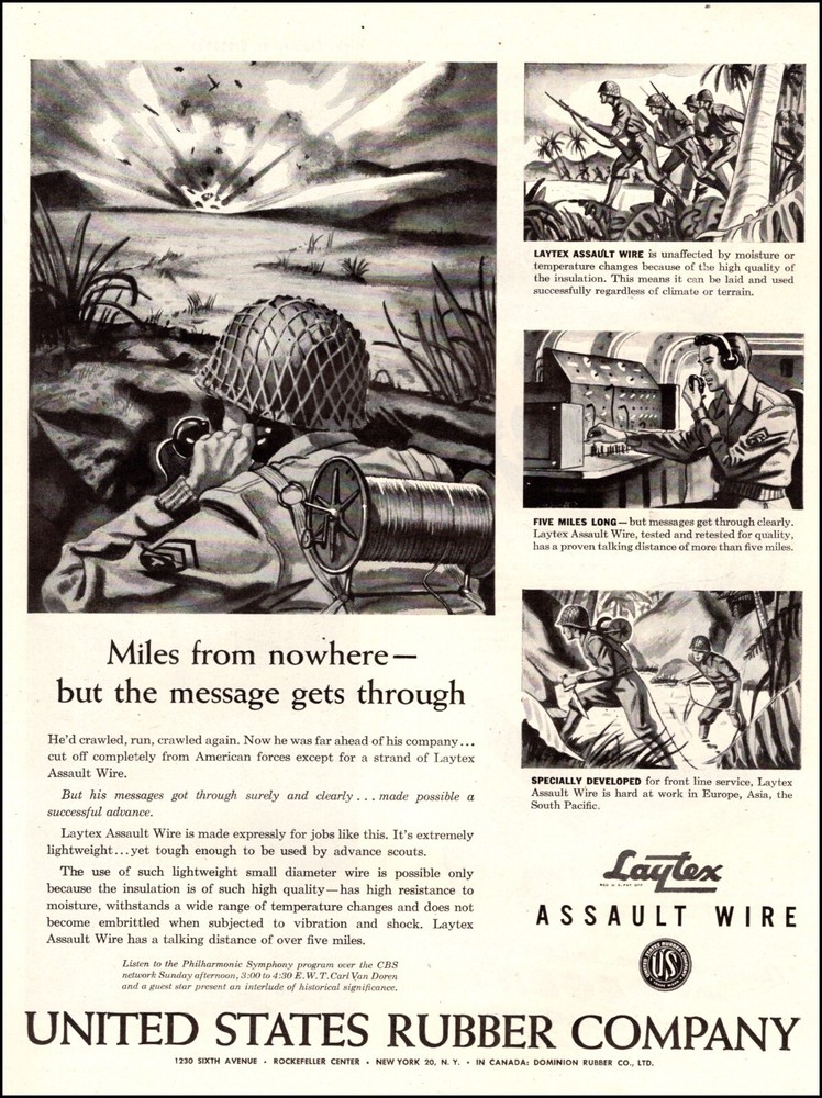1944 WW2 Ad U.S. Rubber Laytex Assault Wire Front Line Communications 091924