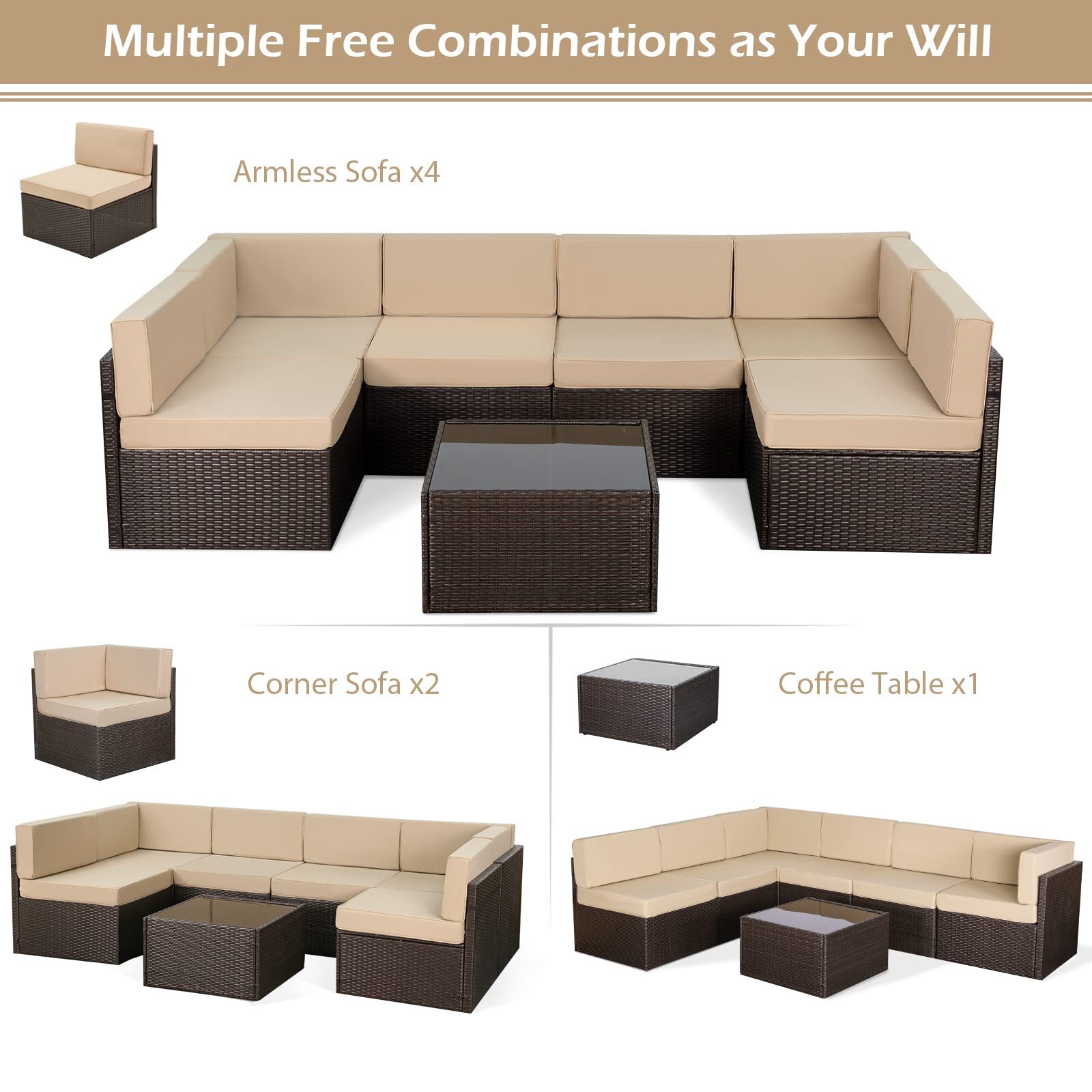 7-Pieces Patio Furniture Set Outdoor Sectional Sofa Rattan Wicker Sofa W/ Table