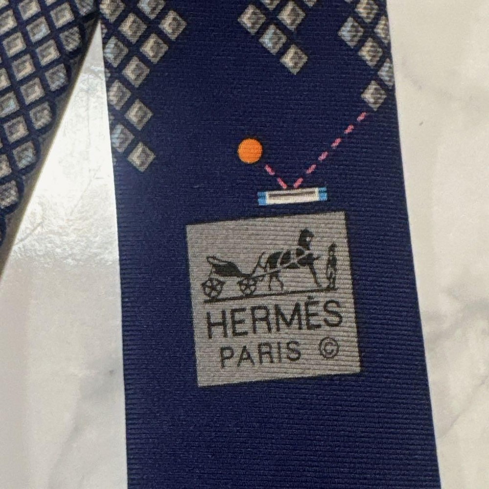 HERMES Square Pattern Tie Navy Gray with Box