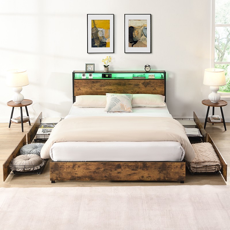 Queen Size Bed Frame w/ Storage Headboard &Charging Station &LED Light