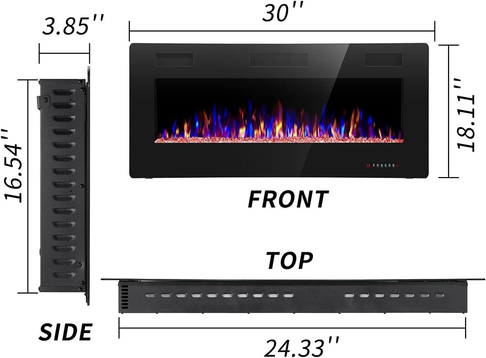 30" Electric Fireplace - Wall Mounted, Adjustable Flames, Remote Control, Low No