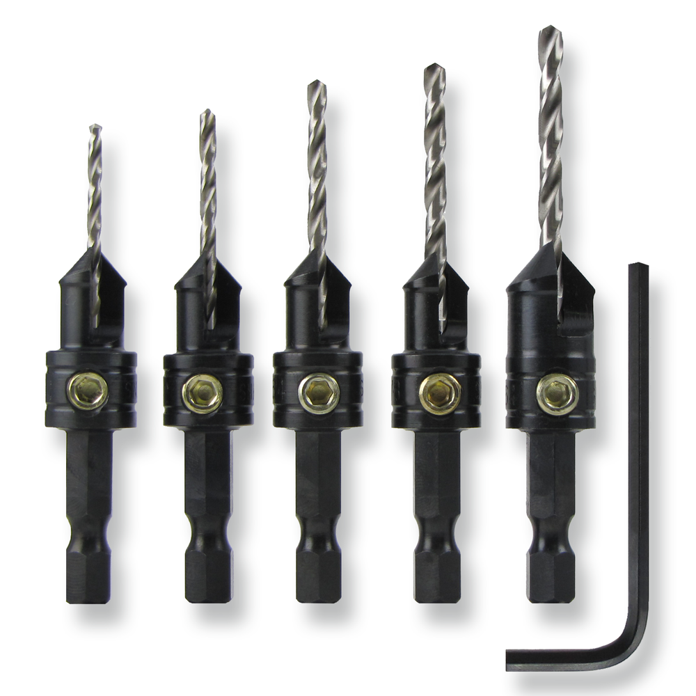 Snappy 5pc Countersink Drill Bit Set with Rotating Depth Stop Collar Made in USA