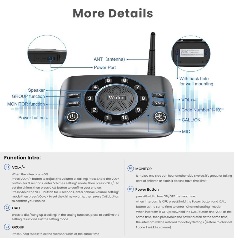 Hands Free Wireless Intercom Doorbell for Home Classroom, Two-Way Communicator