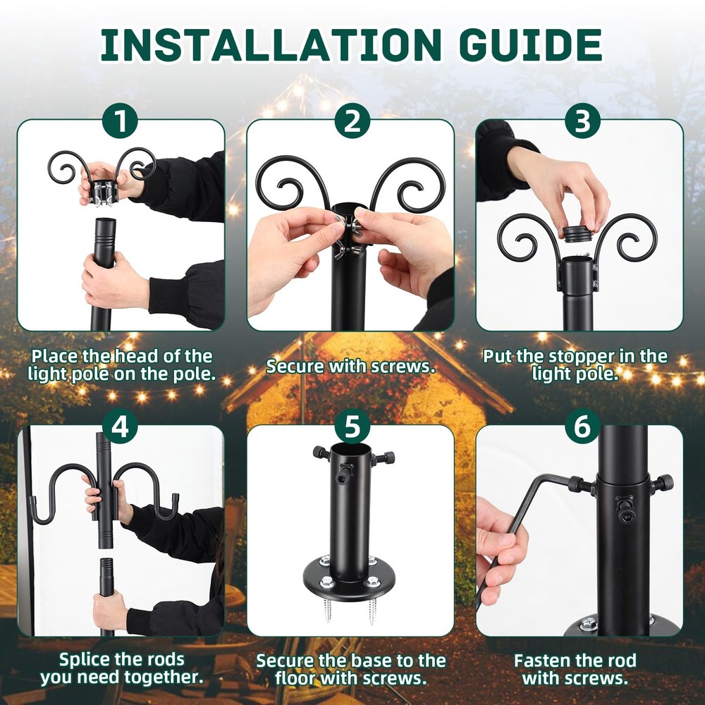 String Light Poles 2 Pack, 10FT Patio for Lights Metal Post Pole with Hooks to