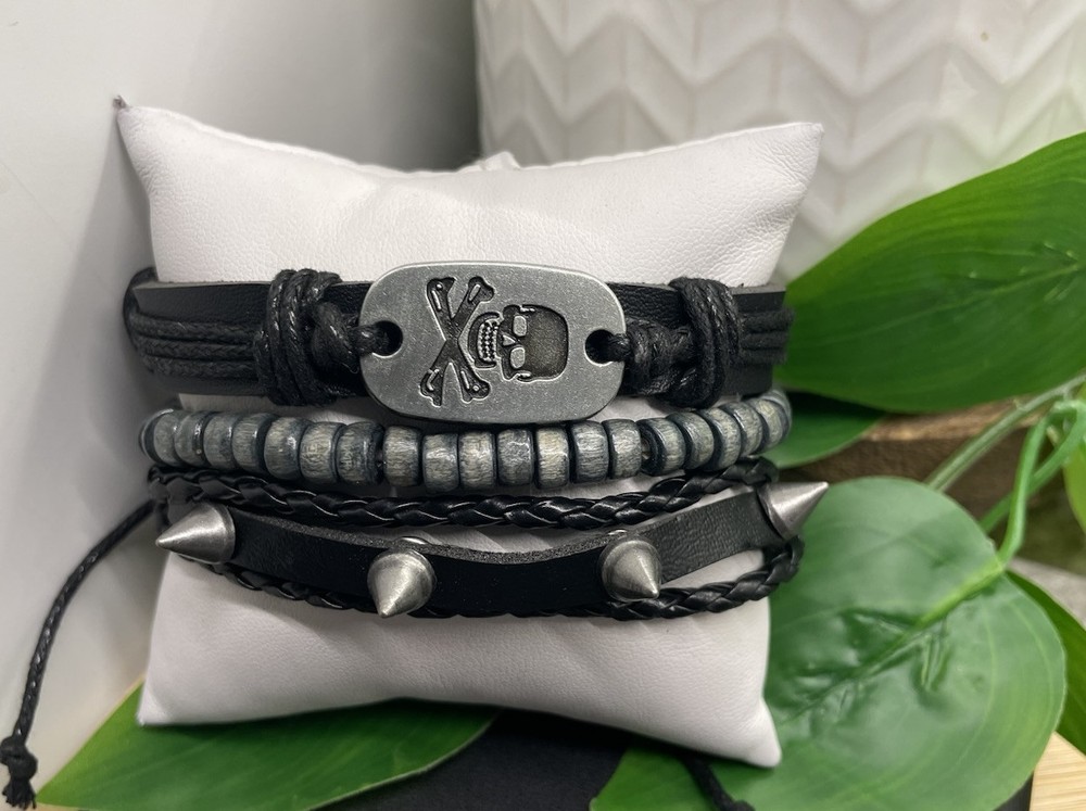 3 PC Leather Bracelet Stackable Adjustable Tie Free Ship Skull Charm B5199