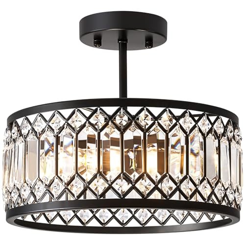 Crystal Ceiling Light, Modern Semi Flush Mount Ceiling Lighting 12.2in Black
