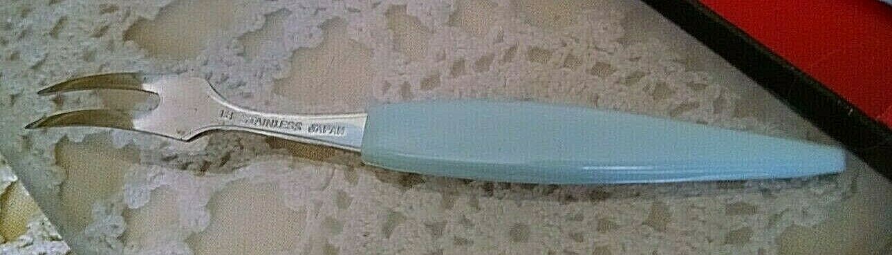 TEXAS COCKTAIL FORKS SET 6 VINTAGE JAPAN STAINLESS STEEL PLASTIC HANDLE ORG BOX.