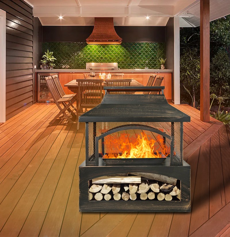 37 Inch Rectangular Bronze Outdoor Wood Burning Fireplace with Log Storage