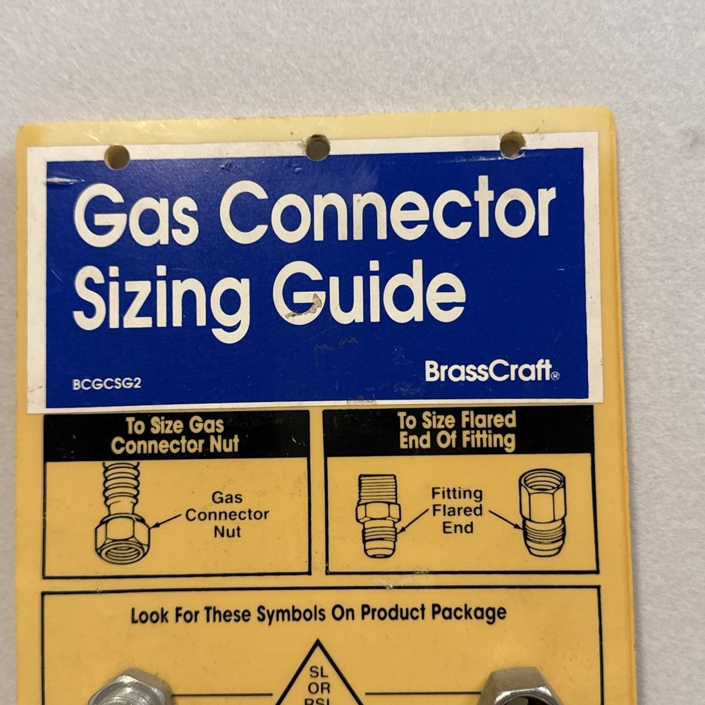 Brass Craft Gas Connector Sizing Guide Tool Board display Size Thread samples