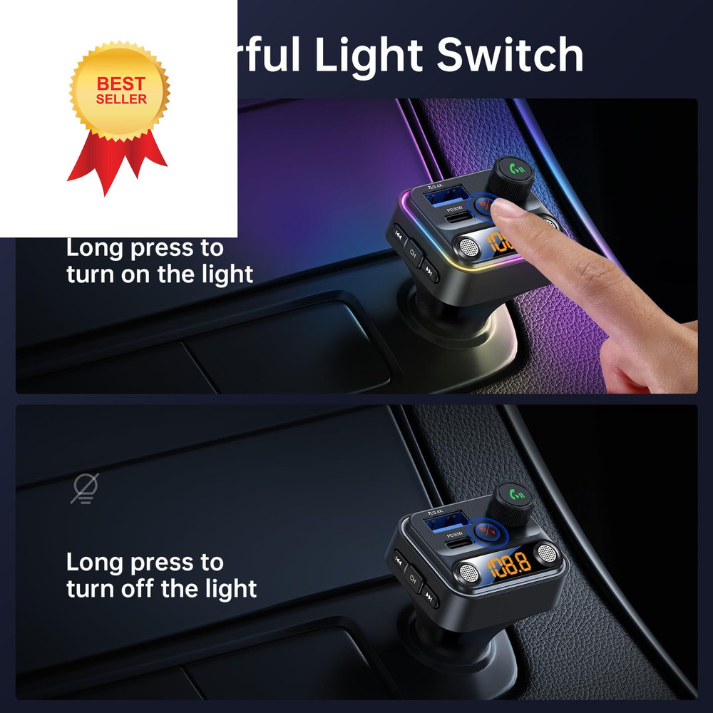 Syncwire Bluetooth 5.4 FM Transmitter Car Adapter 42W [Light Small, Black