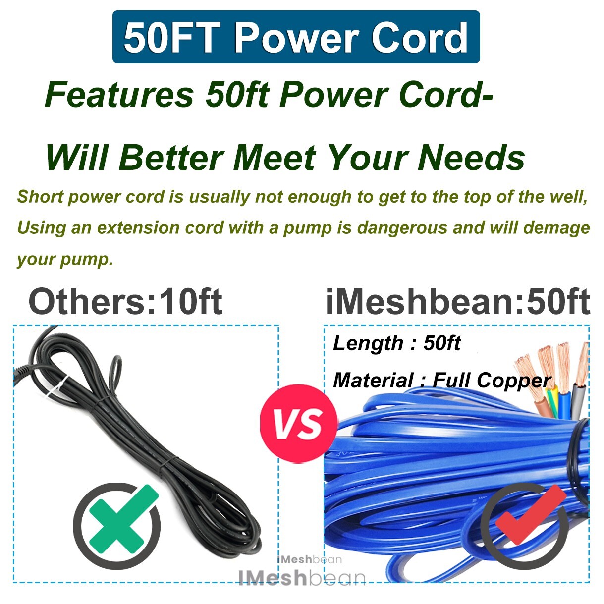 2.5" 1HP Deep Well Submersible Pump, 220V, 13 GPM, 311FT Max, 26 Stage 50FT Cord