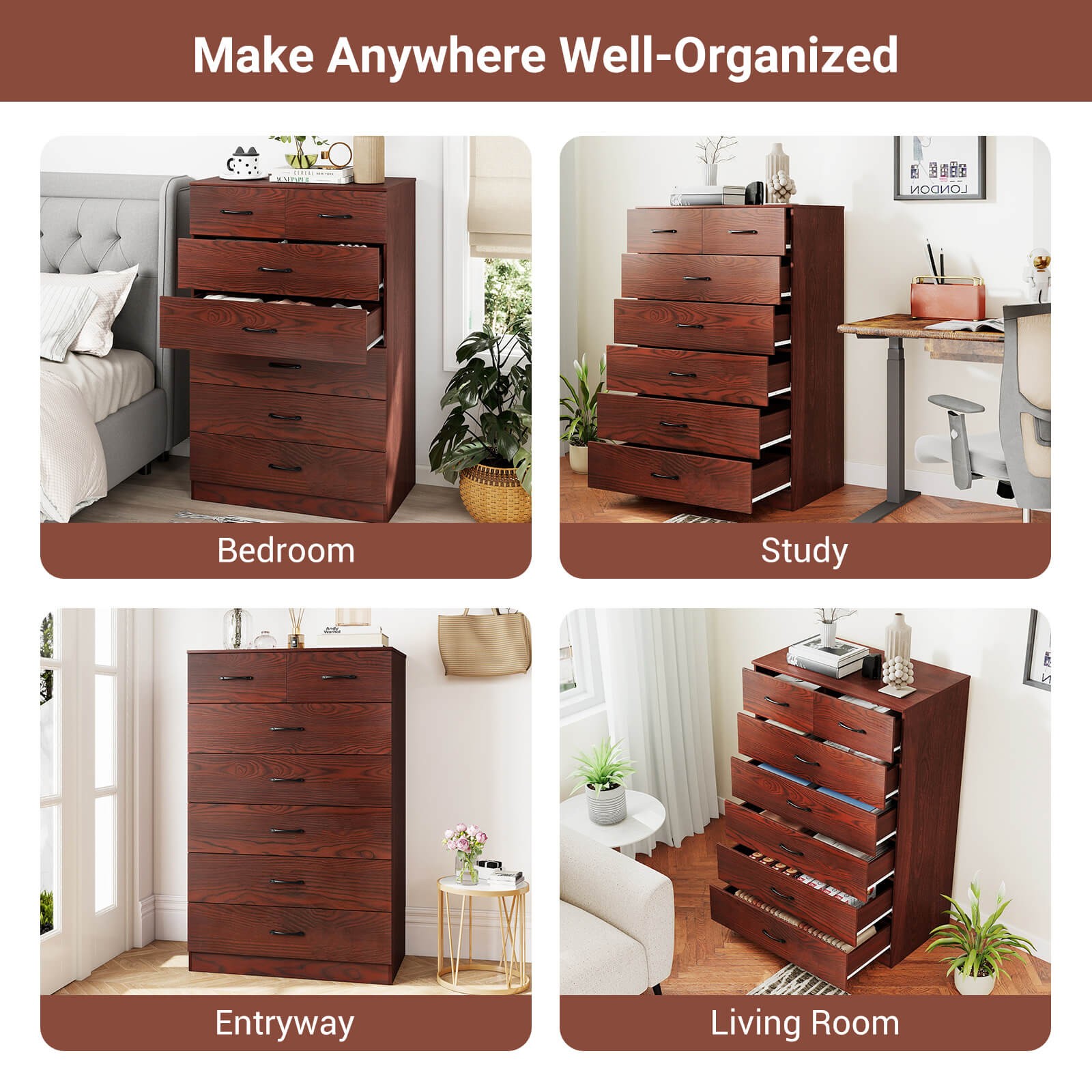 7 Drawers Dresser Wooden Chest of Drawers w/ Metal Handles, Guide Rails Espresso