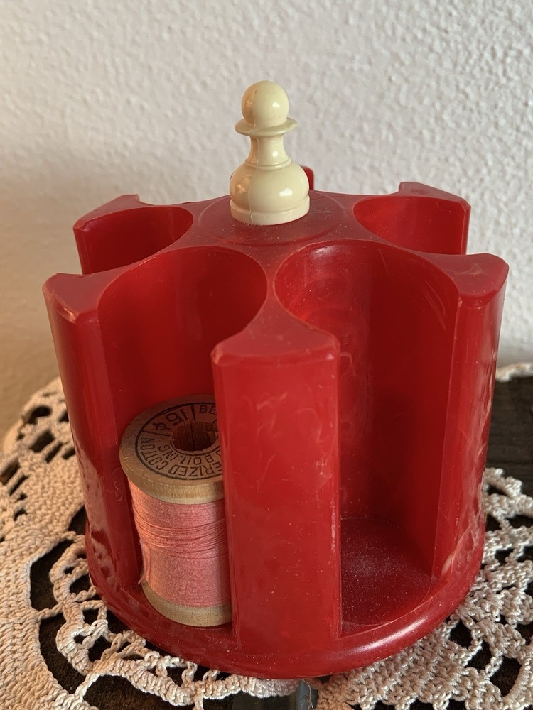 Vintage Red Sewing Carousel Thread Holder Mid Century Caddy