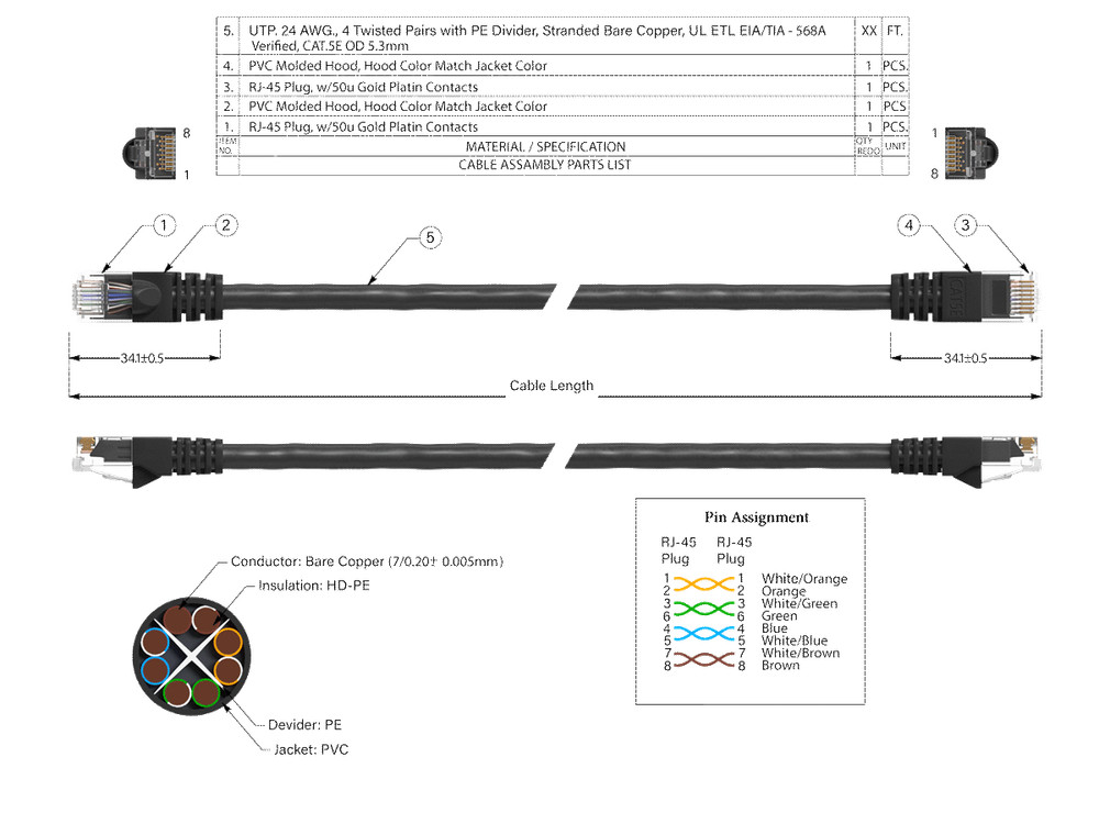 3ft Cat5e UTP Ethernet Network Patch Cable Snagless 24AWG Bare Copper, Black