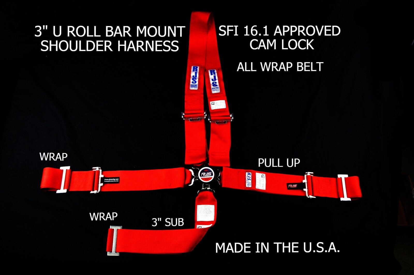 RJS SFI 16.1 5PT CAM LOCK DRAGSTER BELT U MOUNT WRAP IN PULL UP RED 1059104