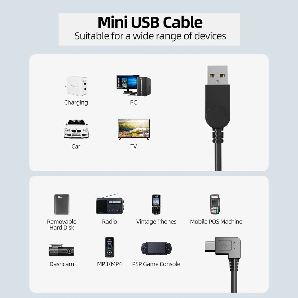 Mini USB Cable, 90 Degree USB 2.0 a to Mini B USB Cable,Right Angle USB 2.0 A