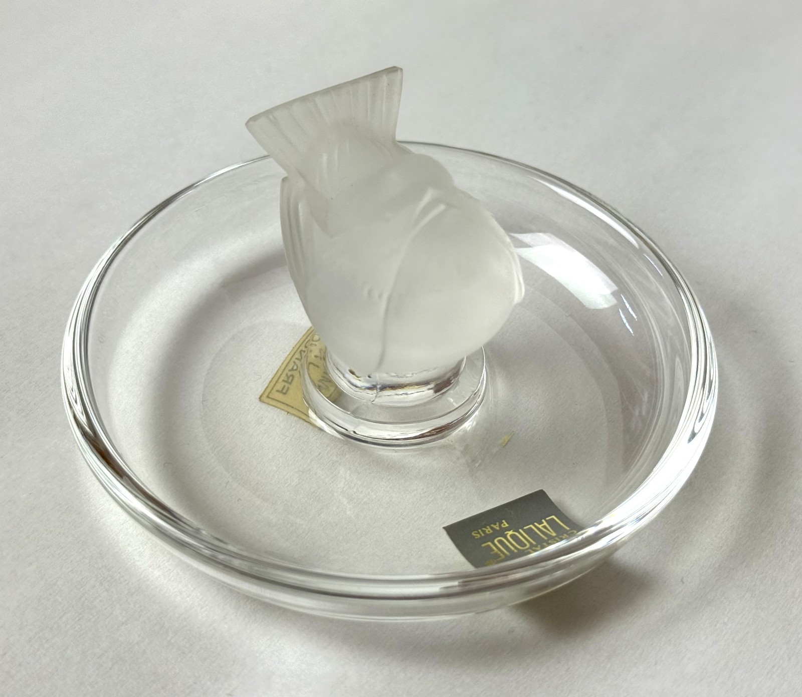 Lalique Pinson Finch 1970s Art Glass Ring Dish Clear & Frosted Crystal 2” Tall