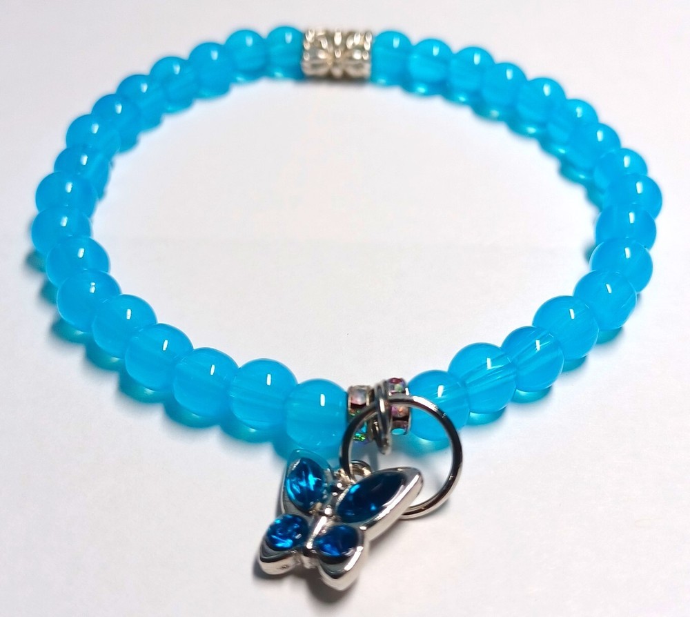 Blue Beaded Bracelet with Dangling Butterfly Charm