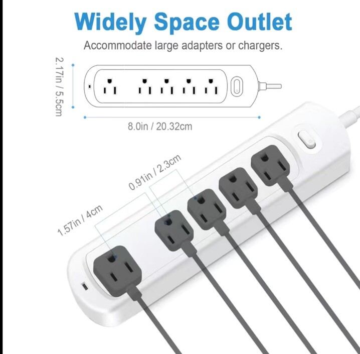 5 AC POWER OUTLET EXTENDER SURGE OVERLOAD PROTECTOR WHITE FLAT PLUG WITH SWITCH