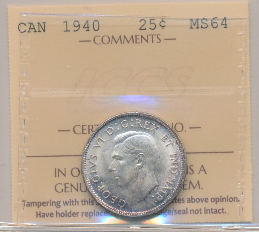 Canada George VI 25 Cents 1940 - ICCS MS64