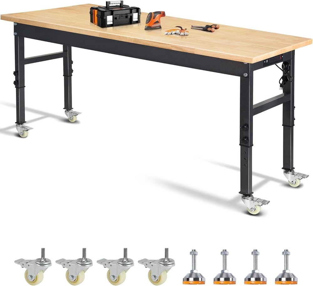 70'' Adjustable Workbench with Socket, Wheels and Fixed Legs